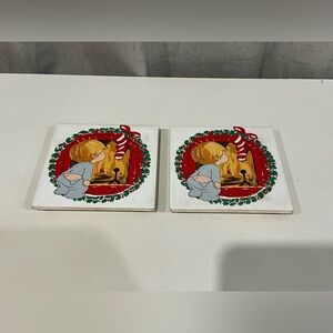 Vintage Set of 2 1981 Jasco Ceramic Christmas Trivets/Decor Little Boyn Taiwan